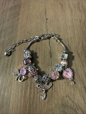 Silver Charm Bracelet with Pink and Iridescent Accents